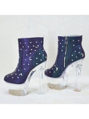 Ocho Purple Multi Reflective Ankle Boots Clear Platform & Chunky Heels Moon Star